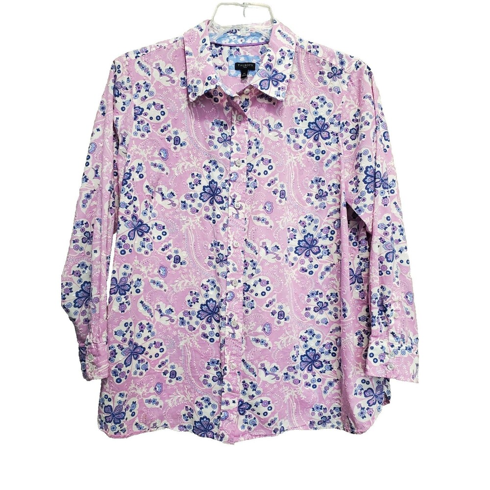 Talbots Plus Cotton Magic Floral Pink Textured Long Sleeve Button-Up Shirt Sz 1X